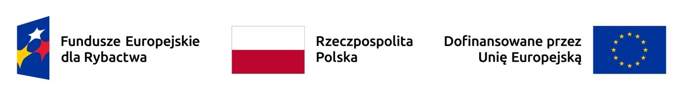 logo Funduszy Europejskich dla Rybactwa, flaga Rzeczpospolistej Polskiej oraz flaga Unii Europejskiej wraz z dopiskiem "Dofinansowane przez Unię Europejską"
